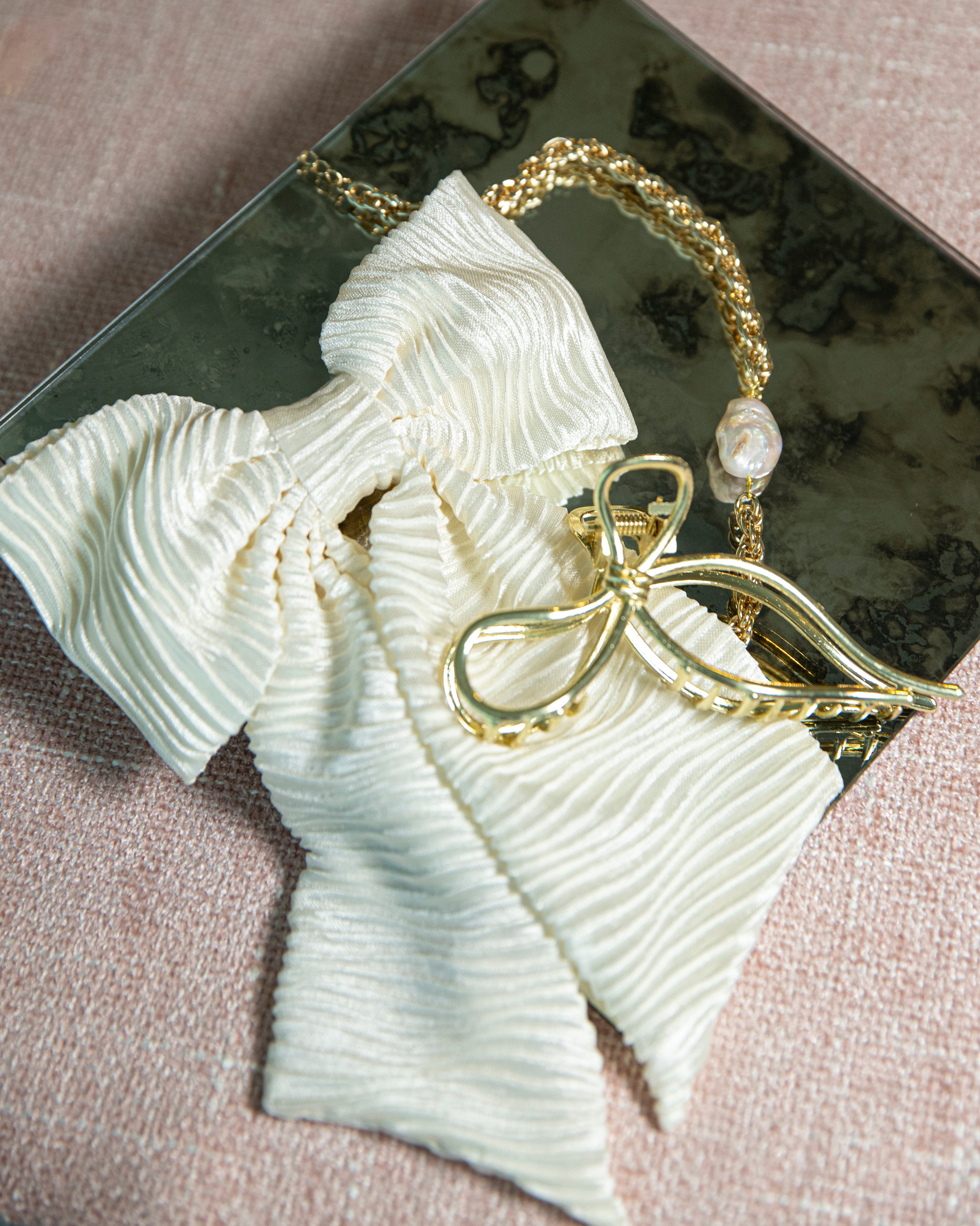 Cream Satin Rippled Hair Bow