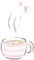 hand illustrated pink and white striped latte cup with coffee and steam and hearts floating above it